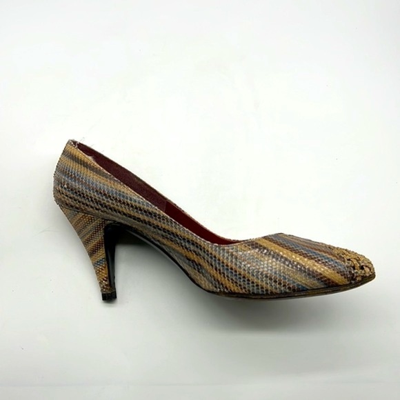 Stuart Weitzman - Vintage Leather Brown & Blue Snakeskin Leather Heels Size 8.5 - Picture 13 of 16